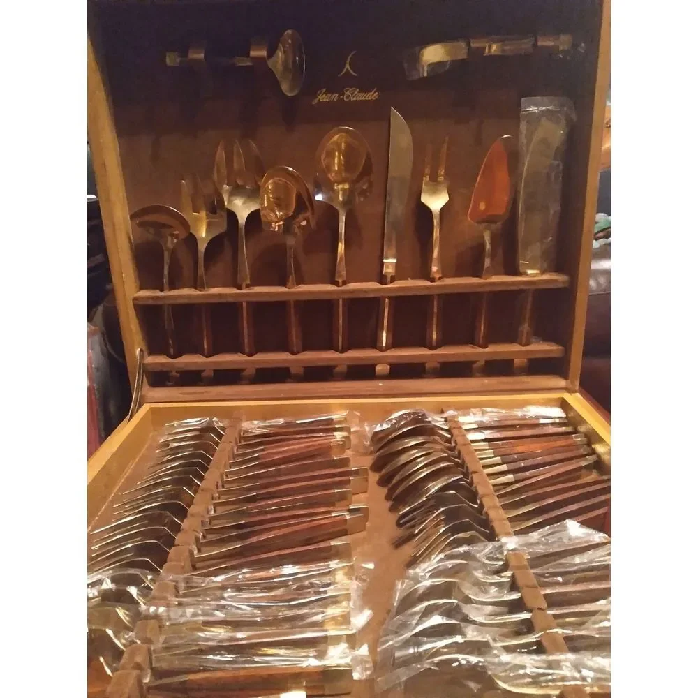 Jean Claude Flatware Set Service for 12‎ Wood Handles 74 Pieces Mid Century